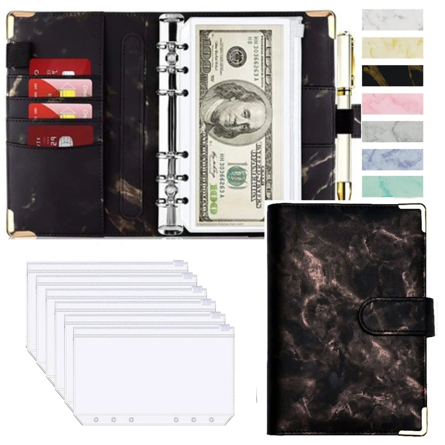 A6 PU Leather Budget Planner – Marble Notebook & Money Saving Organizer for Office, School & Personal Finance