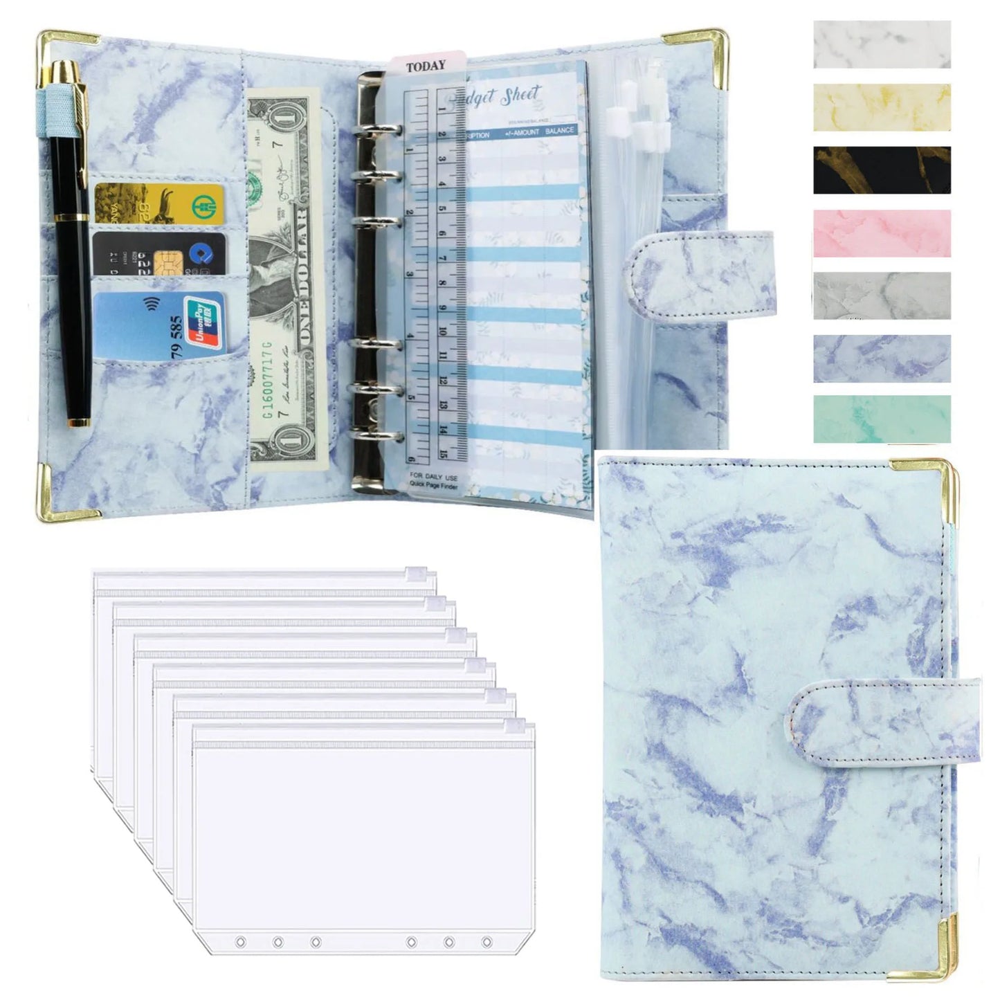 A6 PU Leather Budget Planner – Marble Notebook & Money Saving Organizer for Office, School & Personal Finance