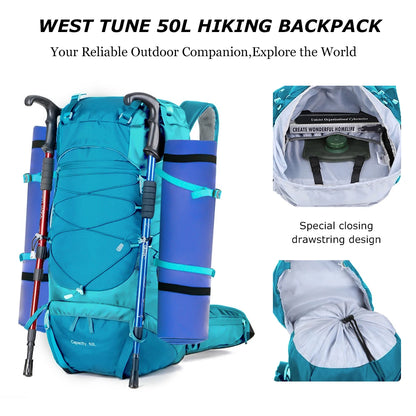 WESTTUNE 50L Waterproof Hiking Backpack with Rain Cover – Multifunctional Outdoor Travel & Mountaineering Bag